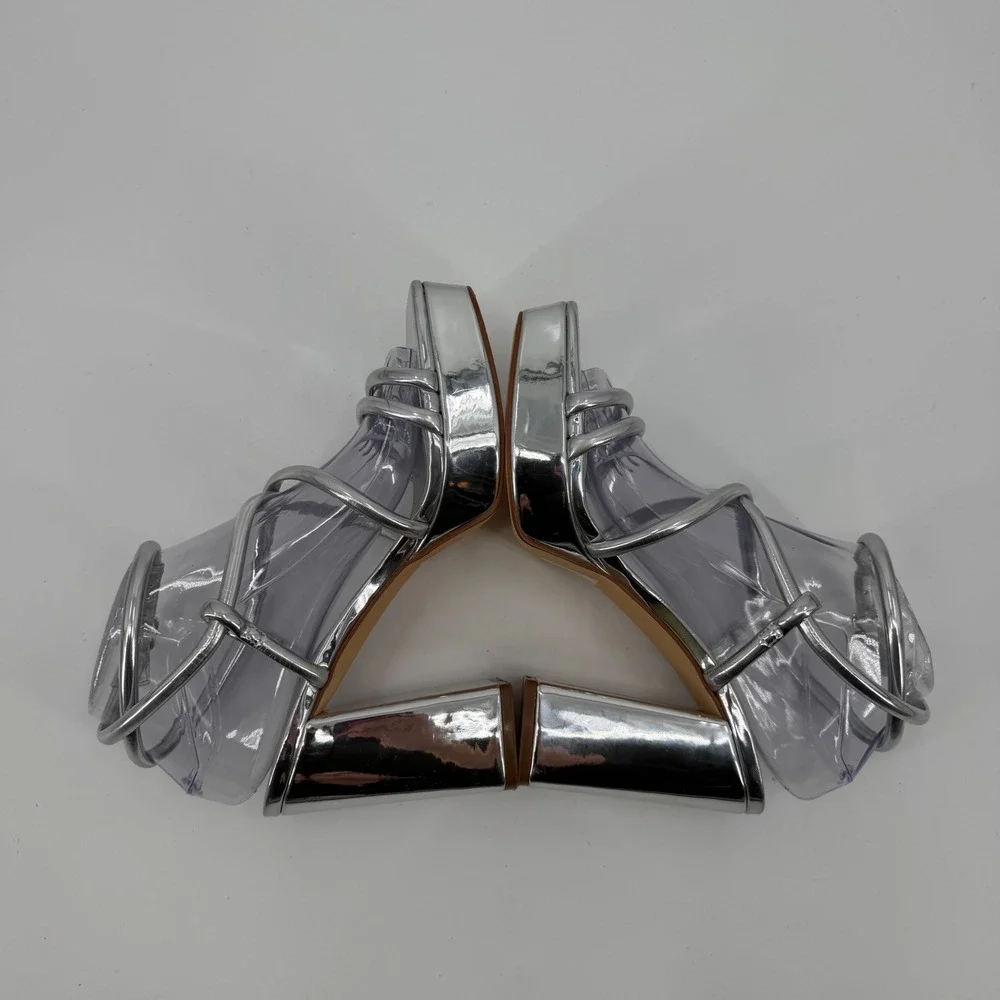 Marc Fisher Godea Silver Metallic Platform Block Heel Strappy Sandals Womens 8M